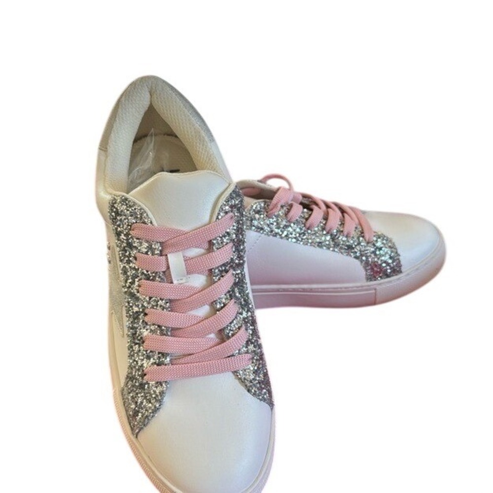 New Hey Girl Corkys Womens White Silver Glitter‎ Star Sneakers Pink Laces - Picture 2 of 4